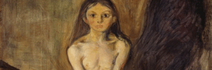 Gemälde einer sitzenden Person auf einem Bett, mit nach vorn gerichtetem Blick. Die Hände sind vor dem Körper verschränkt, im Hintergrund ist eine dunkle Form sichtbar.